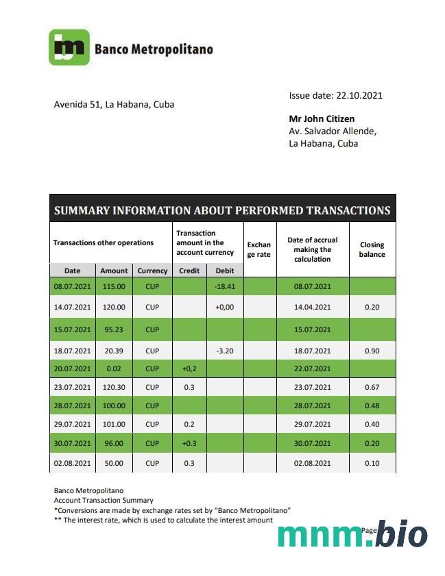 Cuba Banco Metropolitano wyciąg bankowy xls